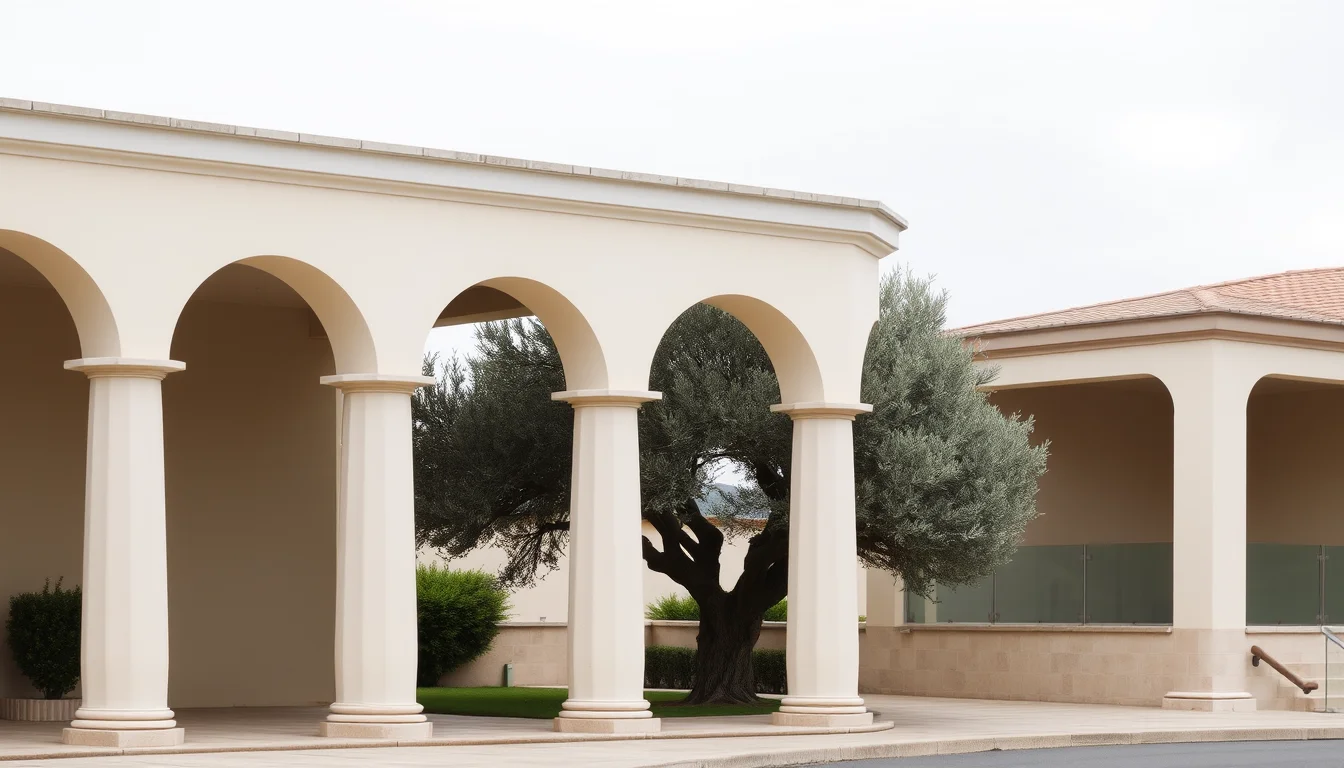 Pale concrete colonnade beside a courtyard tree