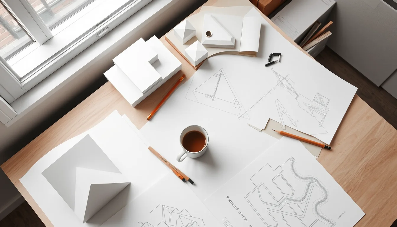 Studio table with models and tracing paper