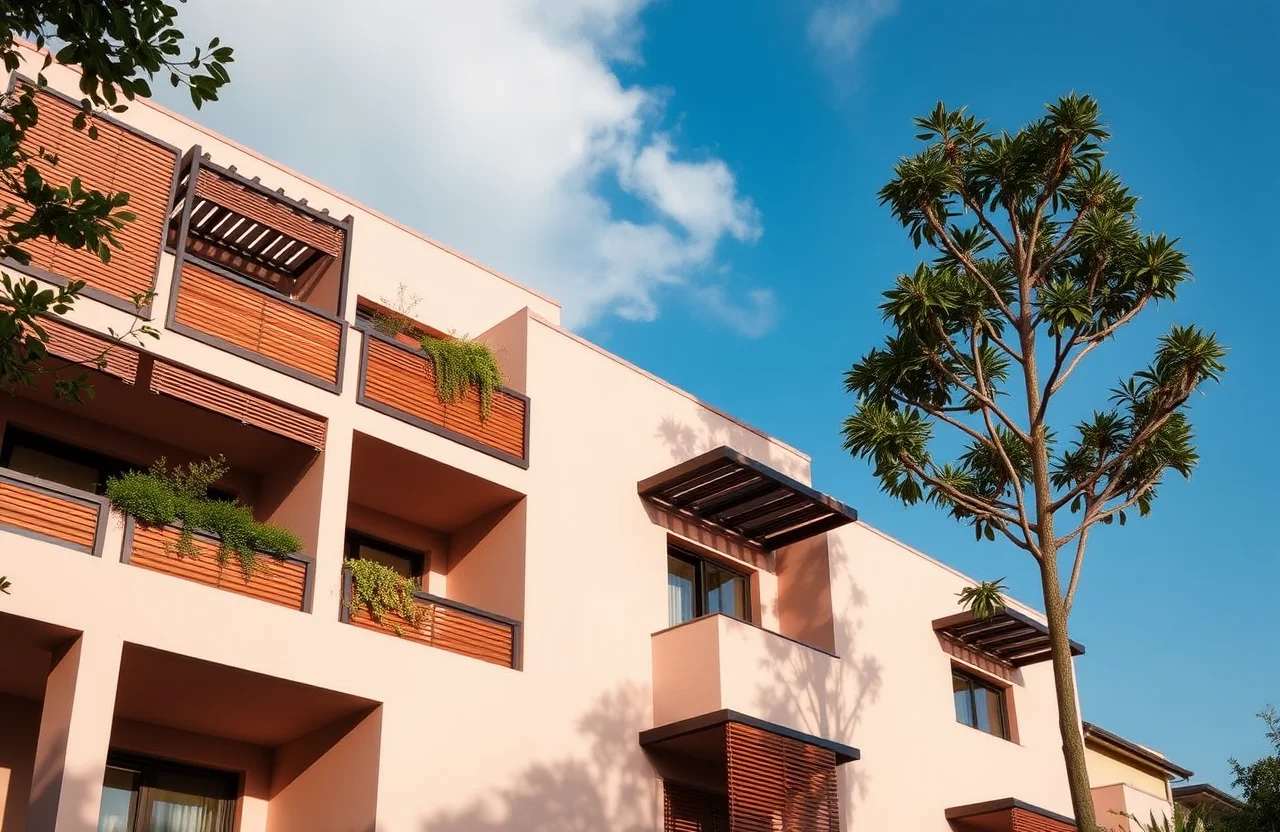 Terraced apartment block in blush render