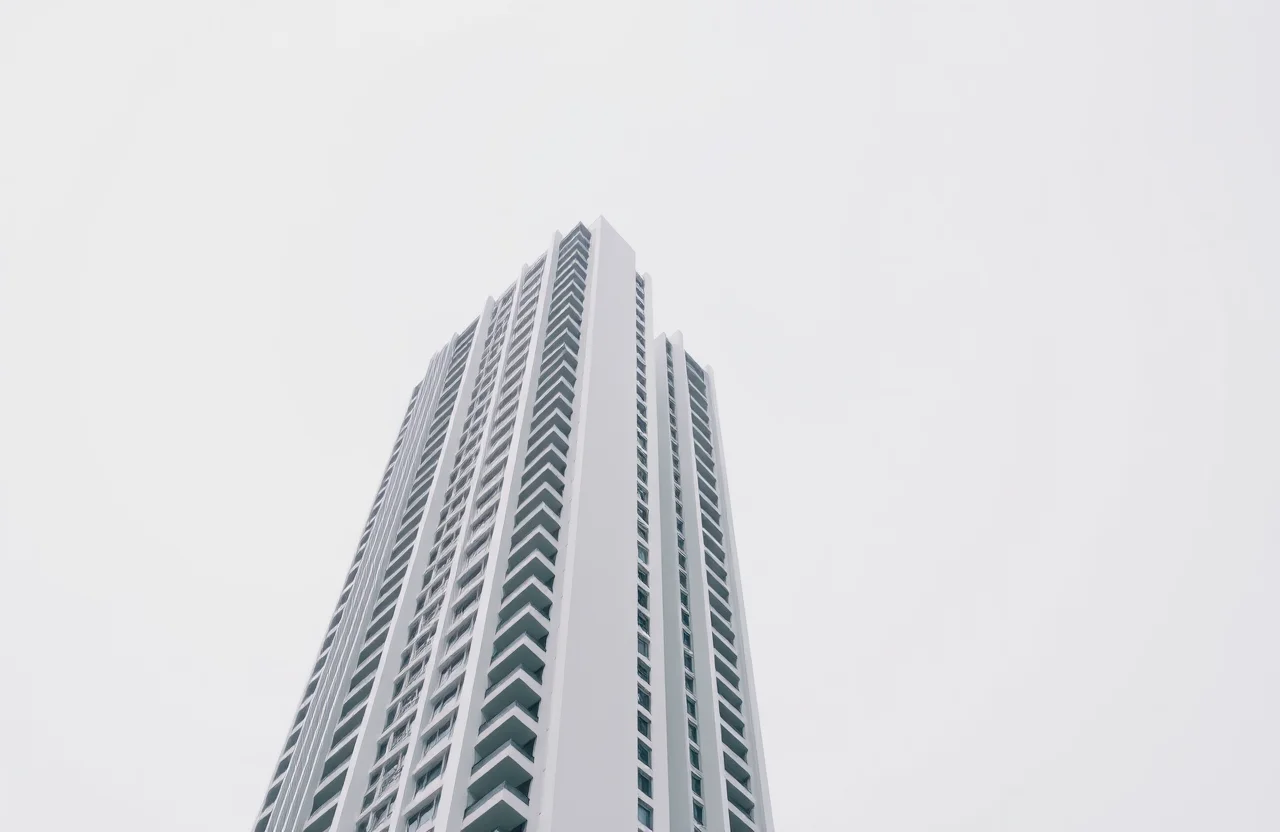 Slim white tower against a pale sky