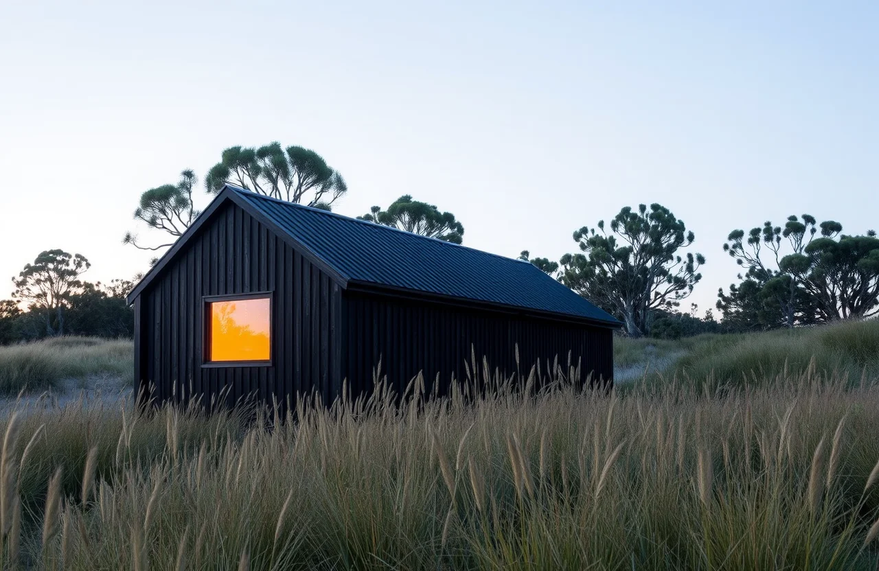 Charred timber cabin with a lit window