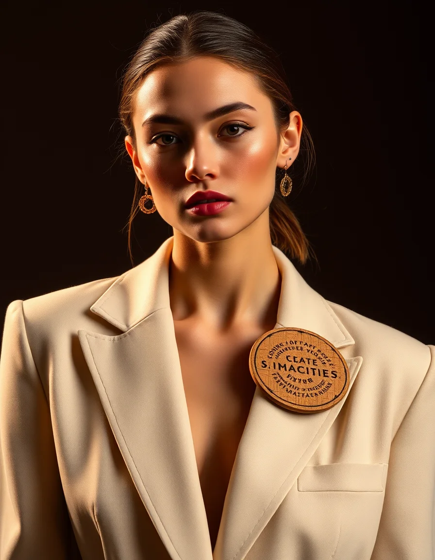 Model wearing the coaster as a brooch