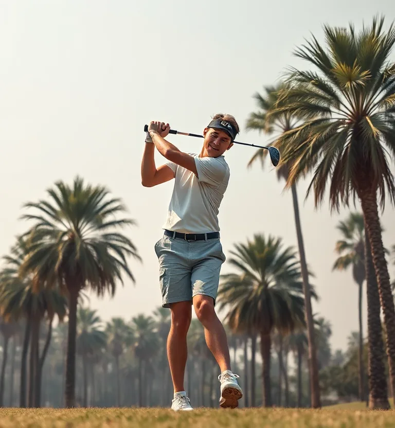 Driver mid golf swing among palm trees