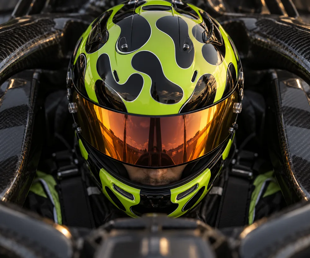 Lime helmet seen from above in a cockpit