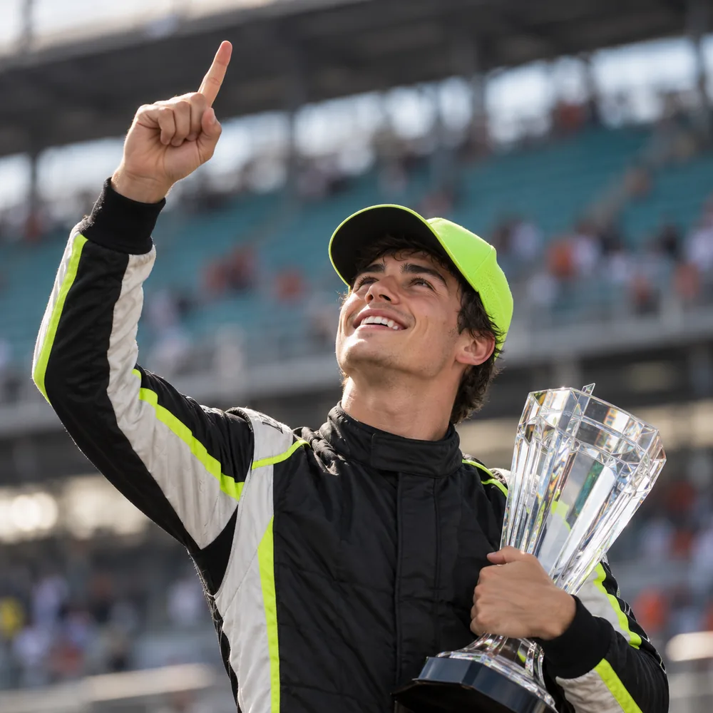 Driver pointing up while holding a trophy