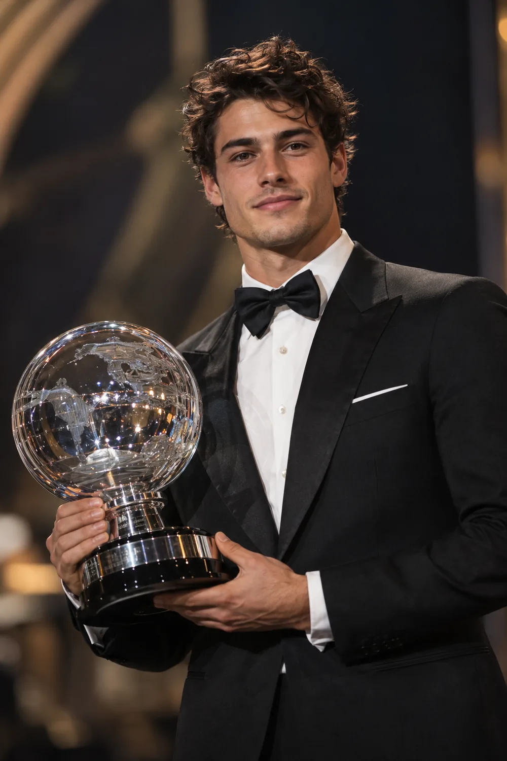 Driver in a tuxedo holding a glass trophy