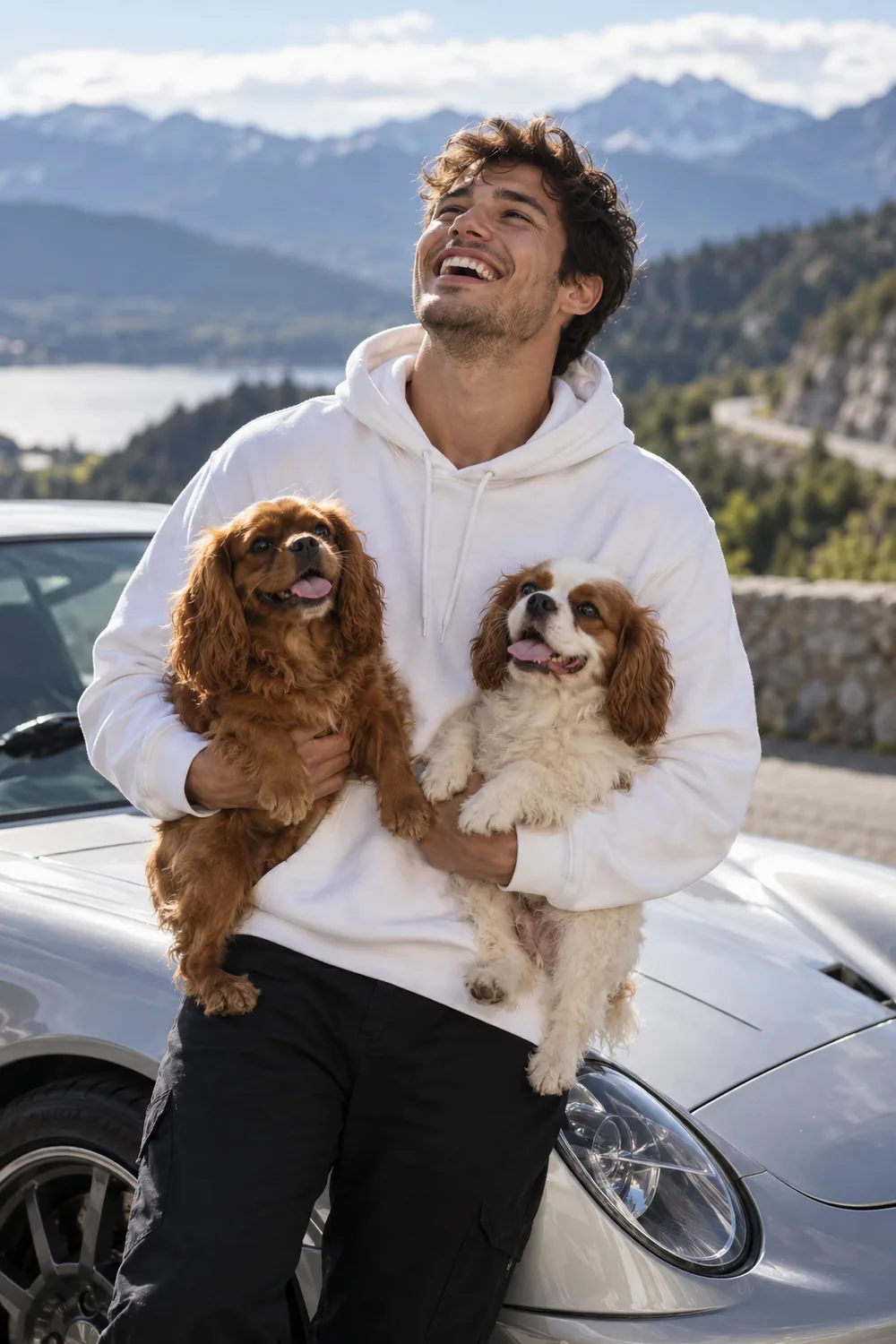 Driver laughing with two small dogs