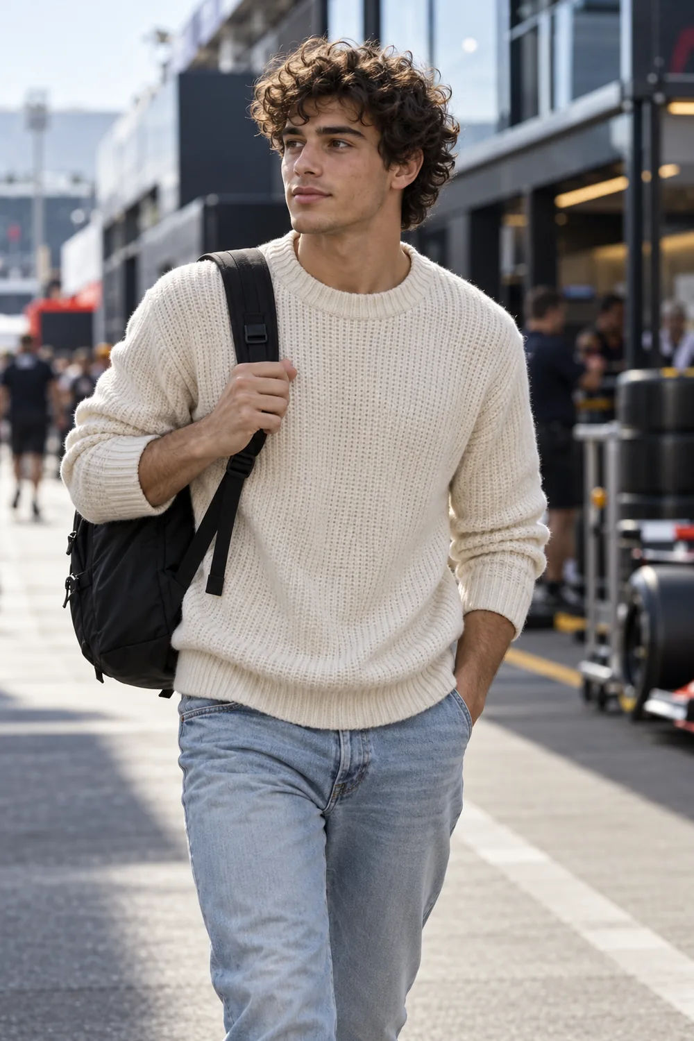 Driver walking through the paddock with a backpack