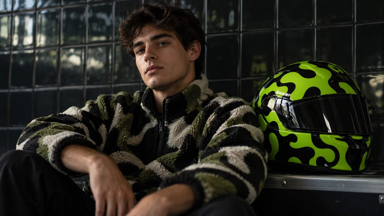 Driver sitting beside his lime helmet