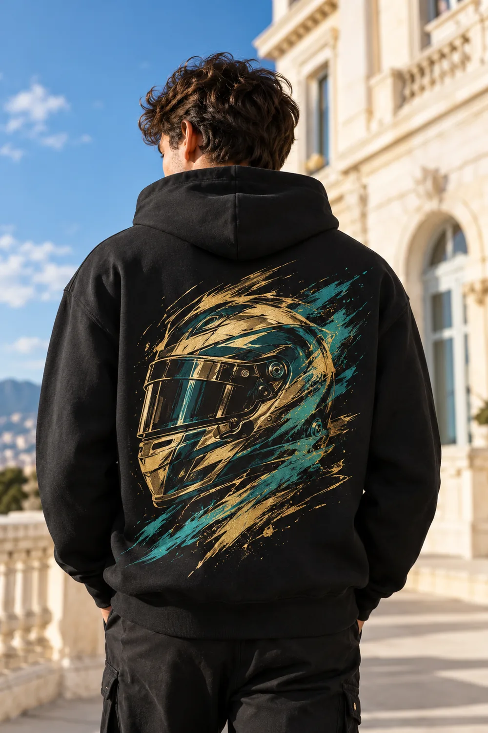Black hoodie with a gold helmet print