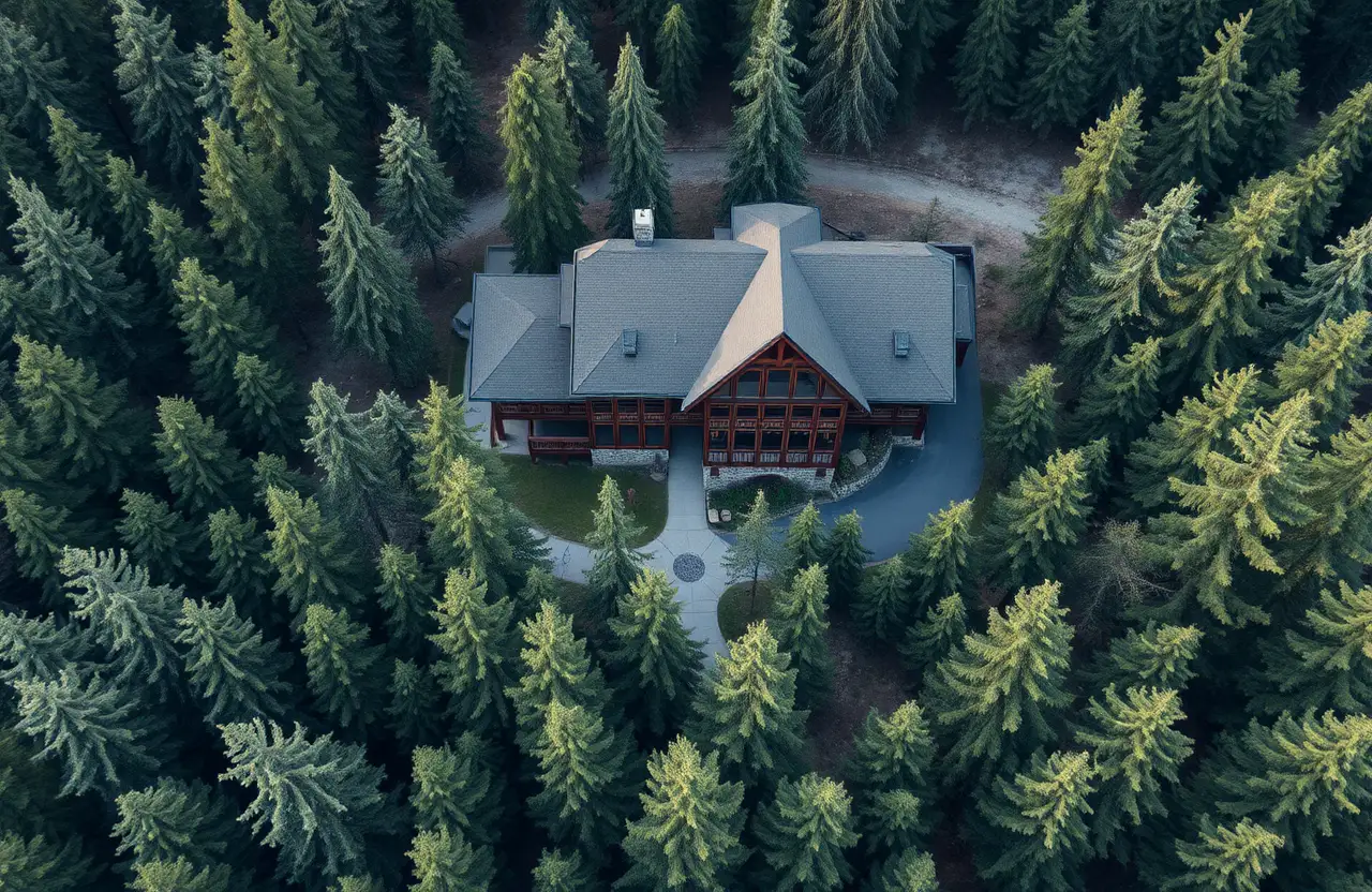 Aerial view of the hotel complex in the forest