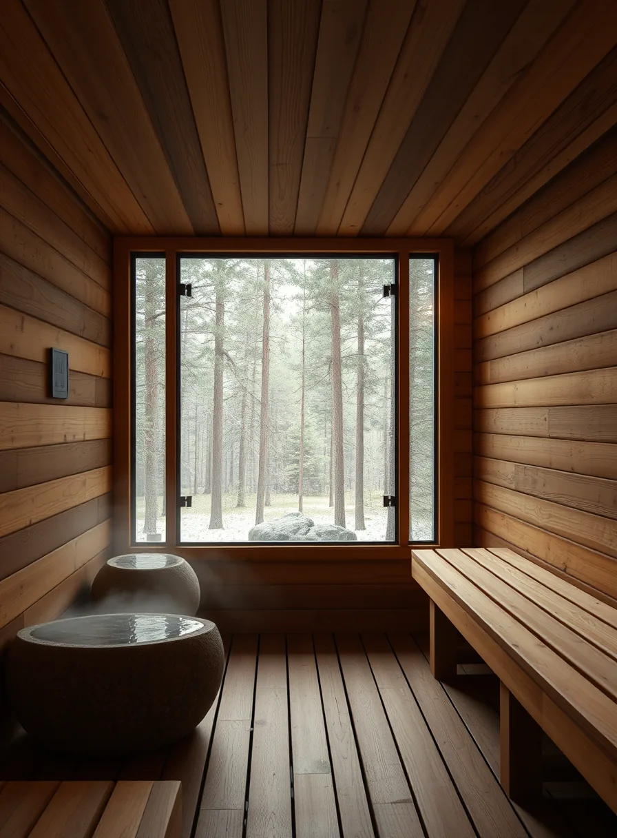 Timber sauna with glass wall