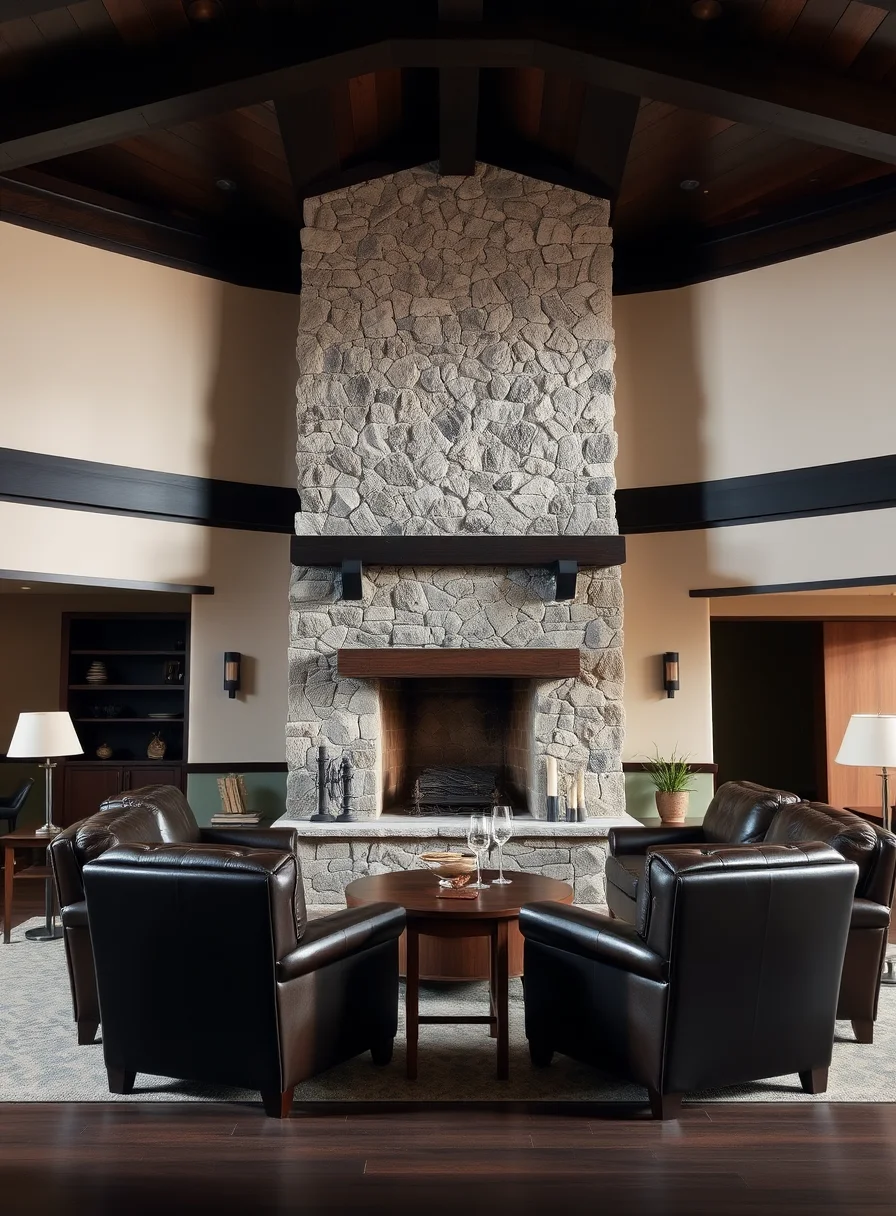 Lounge with stone fireplace