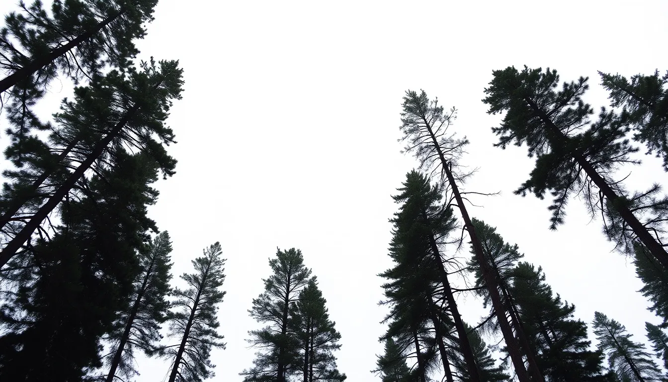 Tall pines against a pale sky
