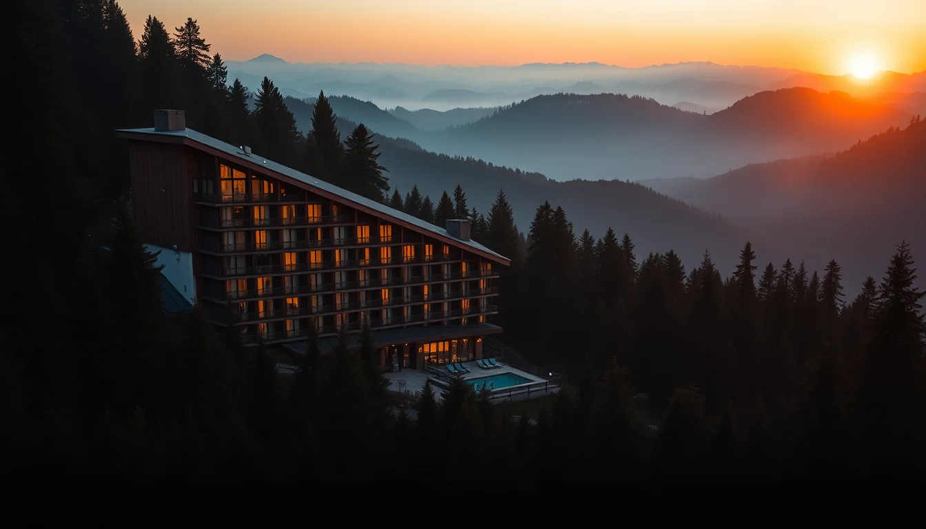 Terraced timber and stone hotel among conifer forest at golden hour
