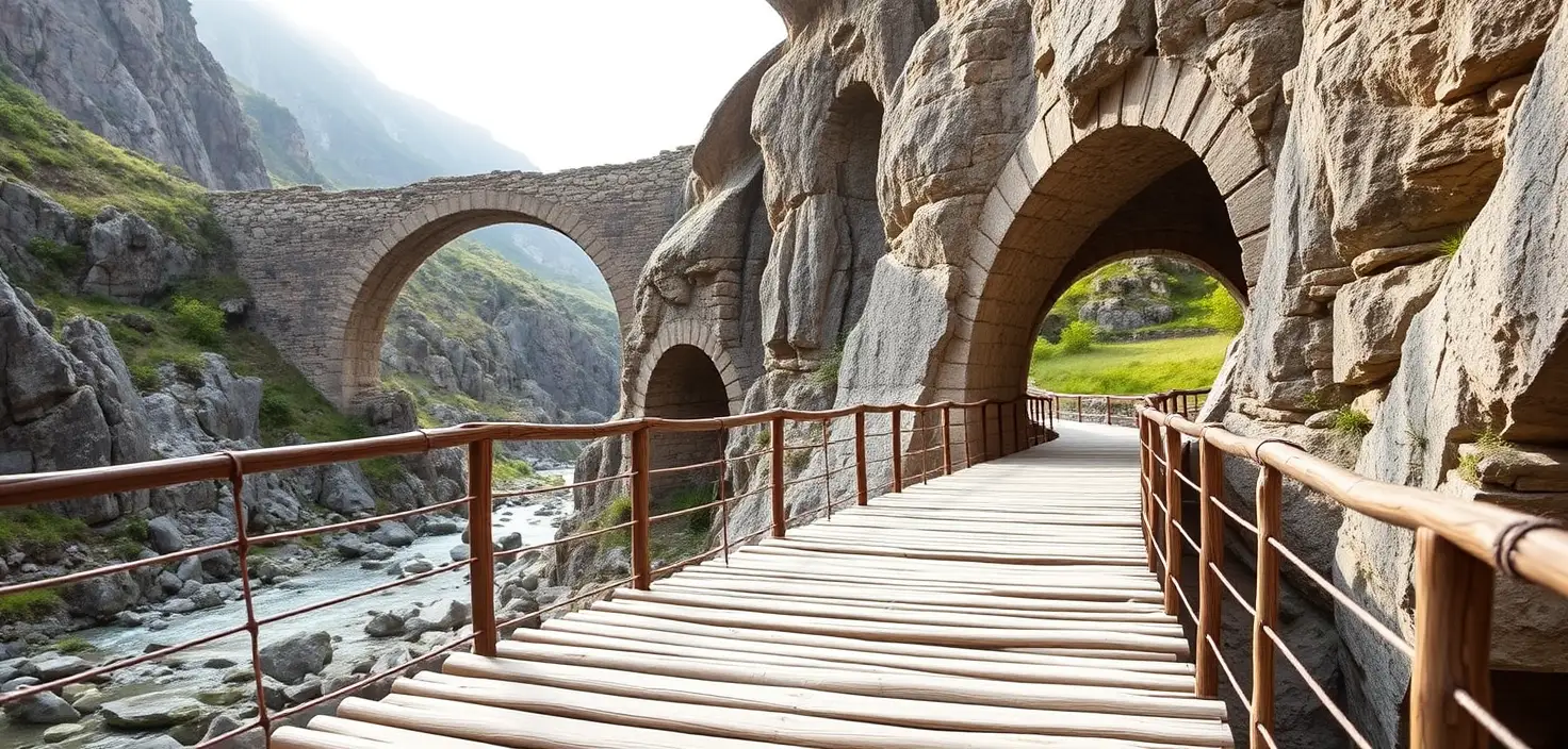 Timber footbridge between stone arches